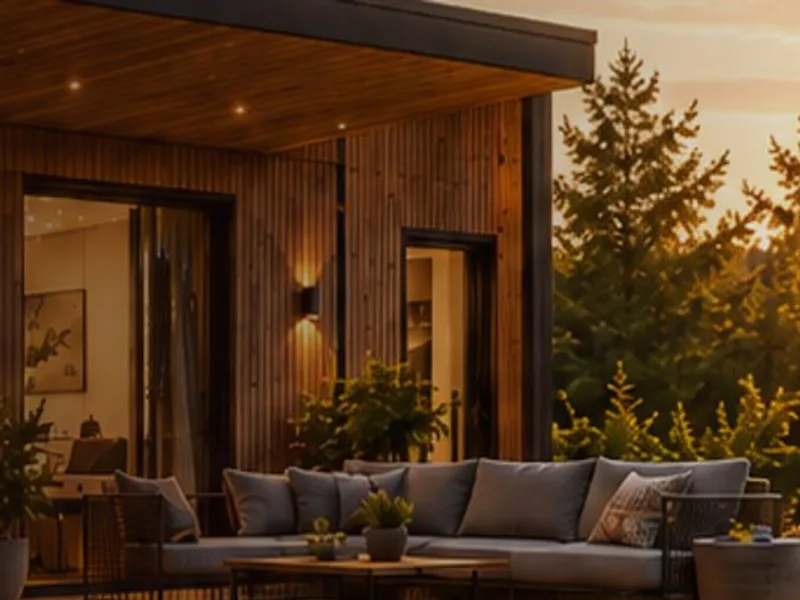 Beleuchtetes Modulhaus mit Terrasse in der Abendsonne