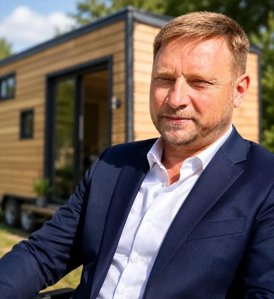 Dennis Stellmacher, Tischlermeister und Inhaber der TMF Tischlerei, vor einem mobilen Tiny House