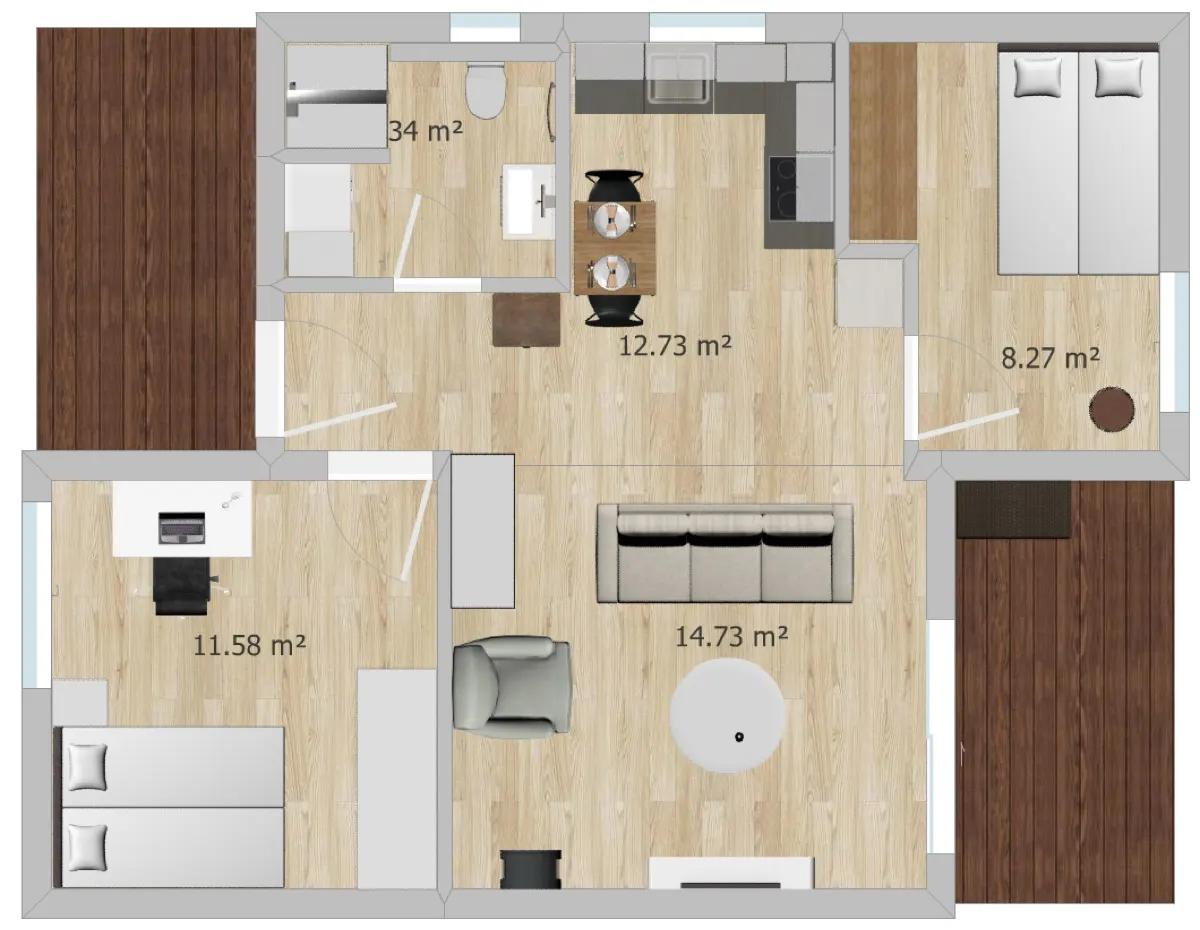 Möblierter Grundrissplan eines Tiny Houses